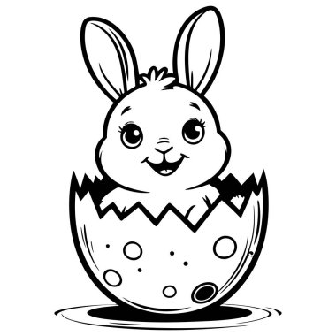 Kırık yumurtanın içinde gülümseyen bebek tavşan çocuk kitapları boyamak için temiz çizgiler çiziyor.