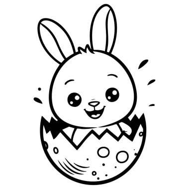 Çocuk boyama sayfaları için basit siyah-beyaz resimli yumurtadan çıkan tatlı yavru tavşan.