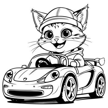 Çocuklar için tasarlanmış spor bir araba kullanan neşeli çizgi film kedisi. Sayfalar dolusu güzel sanat eserleri ve basılabilir çizimler.