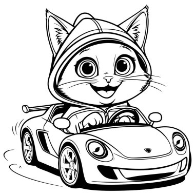 Hızlı spor araba kullanan oyuncu çizgi film kedisi çocuklar için ideal sayfaları boyamak dinamik sanat ve neşeli çizimler