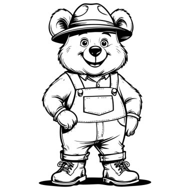 Siyah beyaz çizgili tulum ve şapka giyen sevimli gülen ayı. Sayfaları ve basılabilir tasarımları boyamak için mükemmel.