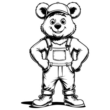 Mutlu çizgi film ayısı, çocuk boyama sayfaları için temiz siyah beyaz çizgiler çizerek kendine güvenen bir şekilde ayakta duruyor.