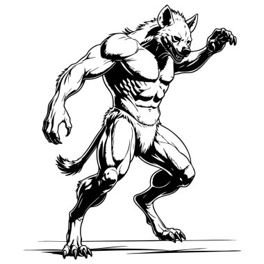 Dinamik hareketlerdeki güçlü kaslı kurtadam, dramatik siyah beyaz çizgi sanatı ile, karanlık fantezi tasarımları için mükemmel bir poz verir.