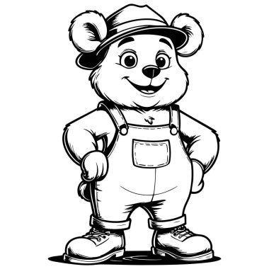 Dost canlısı ayı tulum ve şapka takıyor. Gülümseyen sevimli karakter çocuk kitabı ve çizimi için mükemmel.