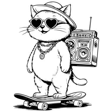 Şapka ve kalp gözlüğü takan şık bir kedi karakteri kaykayla şehir çizgi filmi çizimi yapıyor.