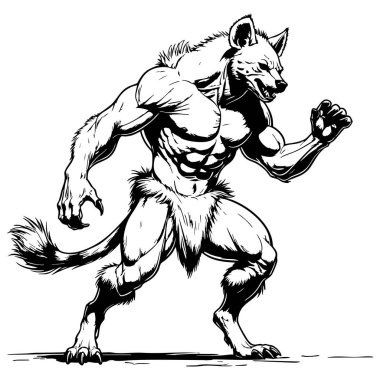 Agresif kaslı sırtlan canavar dinamik poz fantezi yaratık çizim kalın çizgi sanat tarzı