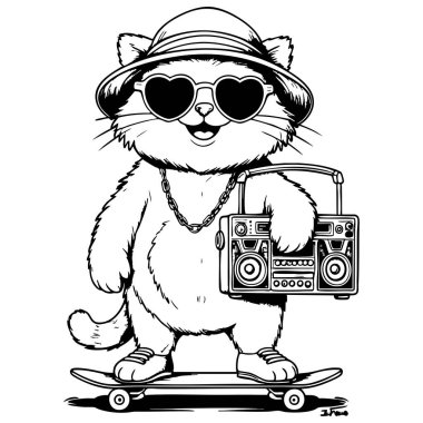 Şapka takan havalı bir ayı ve elinde teyp olan güneş gözlüğü ile kaykay üzerinde duran eğlenceli karikatür çizimi.