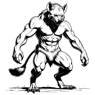 Güçlü kaslı sırtlan canavar savaşçı baskın poz fantezi yaratık siyah ve beyaz çizim