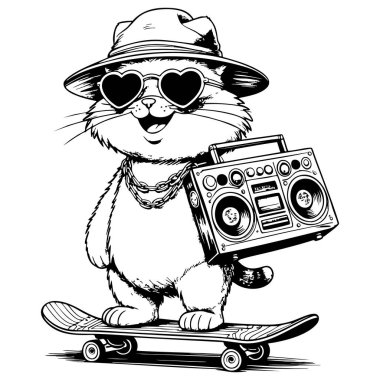 Şapka ve kalp takan havalı çizgi film kedisi kaykay sürerken elinde teyp tutarken eğlenceli bir karakter.