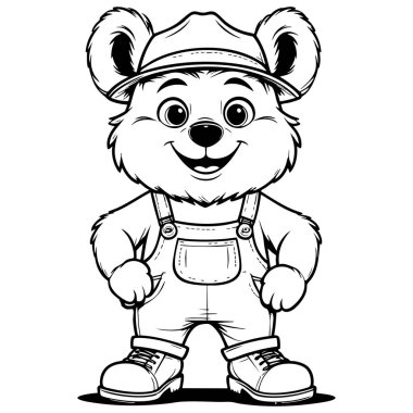 Önde duran mutlu şirin ayı tulum giyiyor ve çocuklar için basit bir karakter çizimi yapıyor.