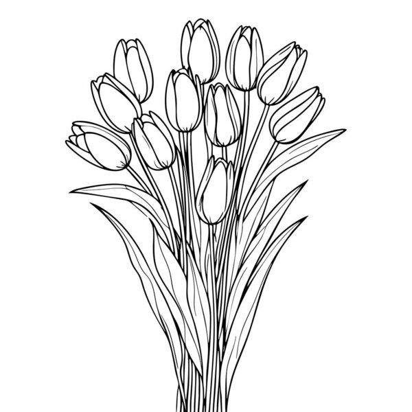 Black and white line art illustration of a tulip bouquet with elegant stems and leaves
