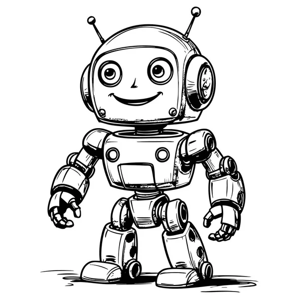 Çocuk boyama sayfaları için dostane eski tarz robot çizimi basit siyah beyaz sanat