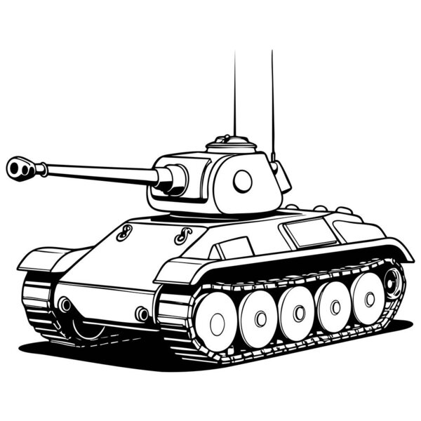 Детальная иллюстрация военного танка в стиле мультфильм в чистой черно-белой линии искусства идеально подходит для раскраски страниц и печатных конструкций