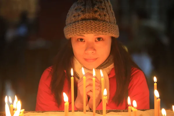 Asian Woman Praying Church Candles — Stock Photo, Image