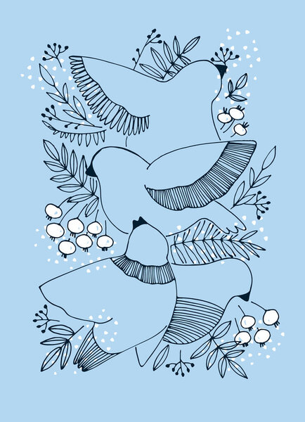 Decor printable art. Hand drawn vector illustration with birds, berries and snow on blue background