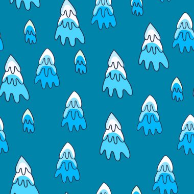 Hediye paketi, yüzey tasarımı ve diğer tasarım projeleri için elle çizilmiş karlı köknar ağaçları ile kusursuz desen