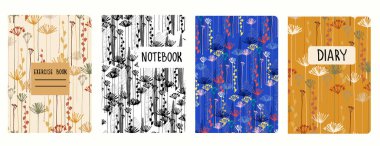 Kapak sayfası şablonları Apiaceae çiçekli dikişsiz desenlere dayanır. Okul defterleri ve günlükler için mükemmel.