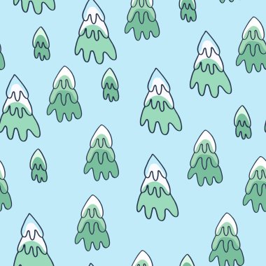 Hediye paketi, yüzey tasarımı ve diğer tasarım projeleri için elle çizilmiş karlı köknar ağaçları ile kusursuz desen