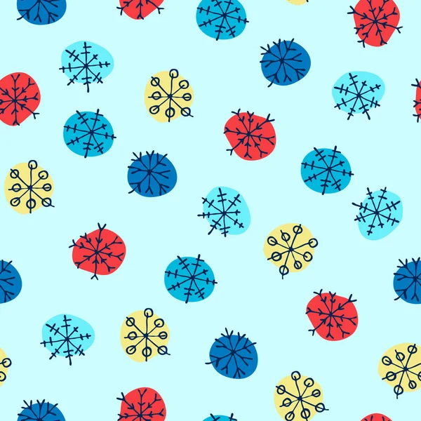 Patrón sin costuras con copos de nieve multicolores dibujados a mano — Vector de stock