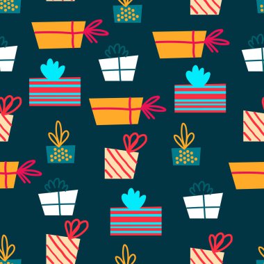 Kusursuz bir Noel deseni. Koyu arkaplanda elle çizilmiş hediyeler