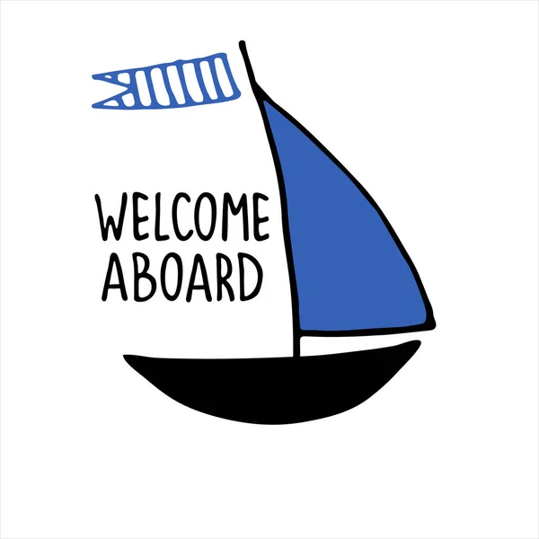 Gite in barca logo. Escursioni in barca, itinerari di crociera banner. Yacht mano disegnato vettoriale illustrazione con lettering — Vettoriale Stock
