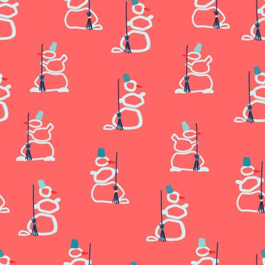 Kusursuz bir Noel deseni. Pembe arka planda el çizimi kardan adamlar