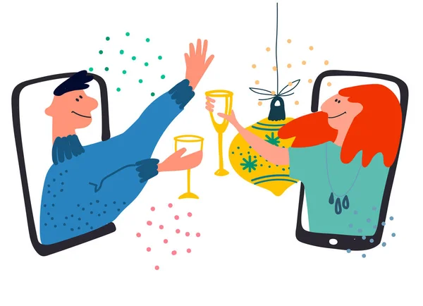 Świętowanie online, zdalne przyjęcie. Młodzi ludzie podnoszą szklanki przez ekrany telefoniczne. Samoizolacja podczas stosowania leku Covid-19 — Wektor stockowy