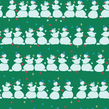 Kusursuz bir Noel deseni. Elle çizilmiş kardan adamlar yeşil arka planda kar taneleriyle