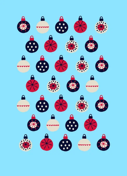 Рождественская новогодняя открытка. Многоцветные безделушки, украшенные узорами, в скандинавском стиле — стоковый вектор