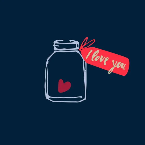 Cuore in vaso, etichetta con scritta a mano I Love You. Amore, Romanticismo, concetto di San Valentino — Vettoriale Stock