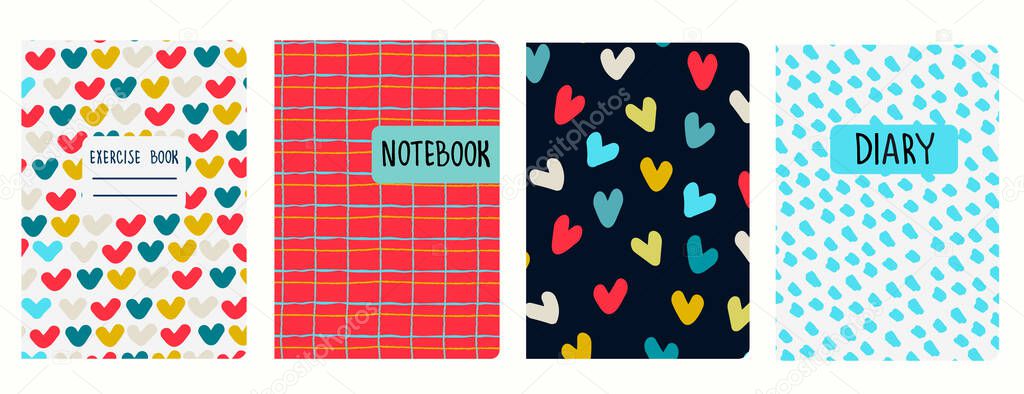 Cover page templates based on seamless patterns with heart shapes, red plaid, spots. Background for notebooks, diaries