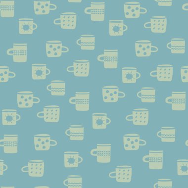 Kusursuz desen. Mavi arka planda, İskandinav tarzı desenlerle süslenmiş el çizimi bardaklar.