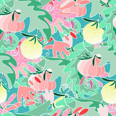 Tropikal bitki örtüsü, sürreal çiçekler, yüzey tasarımı için meyve ve diğer tasarım projeleriyle kusursuz desen