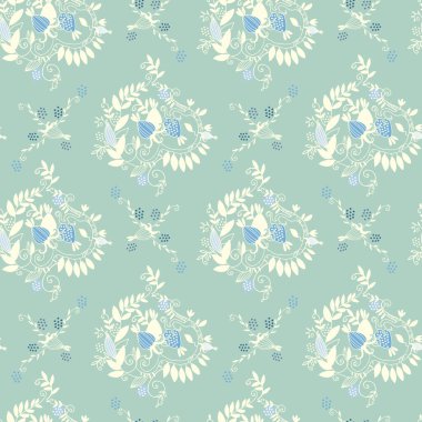 Dalları, yaprakları ve koyu mavi arka planda fantezi meyveleri olan kusursuz Damask deseni.