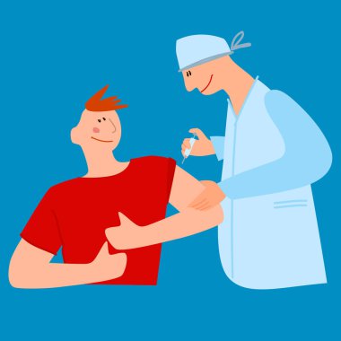 Aşı zamanı, koronavirüs konseptini durdurun. Doktor, erkek hastayı aşıladı, aşıyı omzuna enjekte etti.