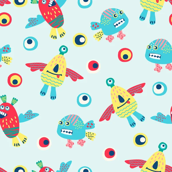 Seamless pattern with hand drawn funny monsters. Cheerful background for kids — Stock Vector