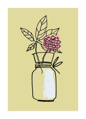 Dekoratif basılabilir sanat. Elle çizilmiş tek renkli vektör bej arkaplan vazosundaki mürver çiçeğinin çizimi