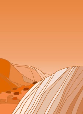 Mars manzarası, uzaylı dağları ve taşlı çöl. Sosyal medya hikayeleri, el ilanları, tipografi için şablon