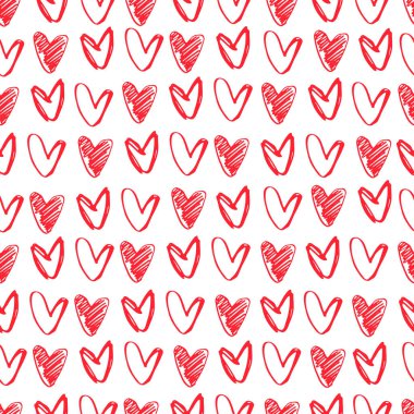 Kusursuz desen. Saflar halinde kırmızı kalpler çizildi. Sevgililer Günü konsepti, aşk konsepti