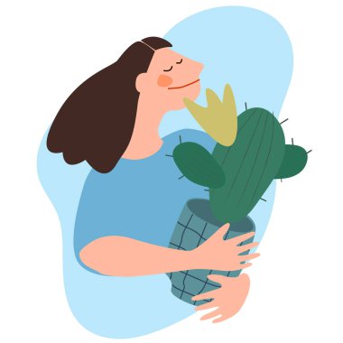 Kaktüs tutan kadın. Düz vektör çizimi. Kapalı alanda büyüyen, satan, dağıtan ve bakım hizmeti konsepti