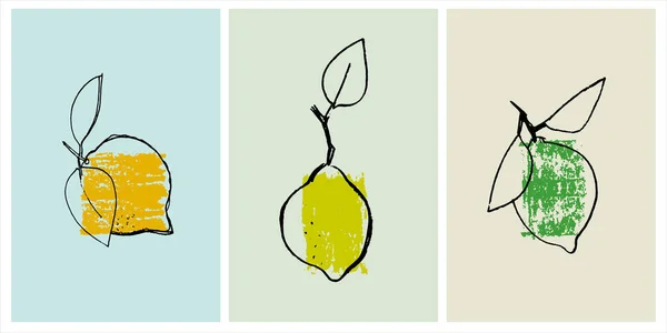 Decoración arte imprimible. Conjunto de ilustraciones vectoriales dibujadas a mano de limones — Vector de stock