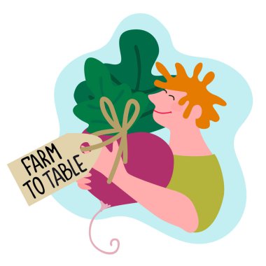 Çiftlikten masaya etiketli dev pancar pancarı tutan mutlu çiftçi. Hasat, taze sebze teslimatı, ticaret kavramları.