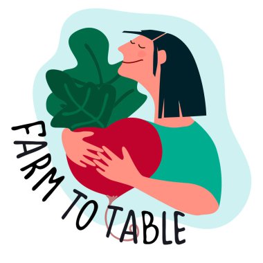 Kocaman pancar pancarı tutan mutlu kadın. Hasat, taze sebze teslimatı, ticaret kavramları.