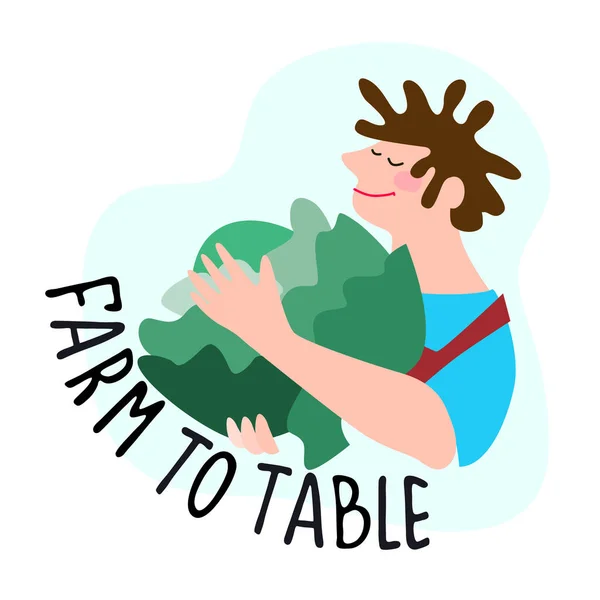 Un fermier heureux tenant du chou géant avec une citation de Farm to Table. Récolte, livraison de légumes frais, concepts commerciaux — Image vectorielle