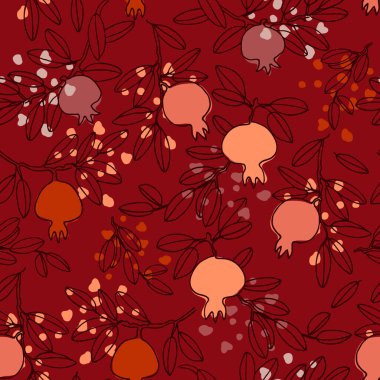 Boho tarzında kusursuz bir desen. Meyveli nar ağacı dalları. Şarap kırmızısı arka planda vektör illüstrasyonu