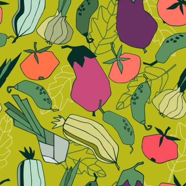 Sebzelerle kusursuz tekrarlanan bir düzen. Yeşil arkaplanda soyut moda çizimleri