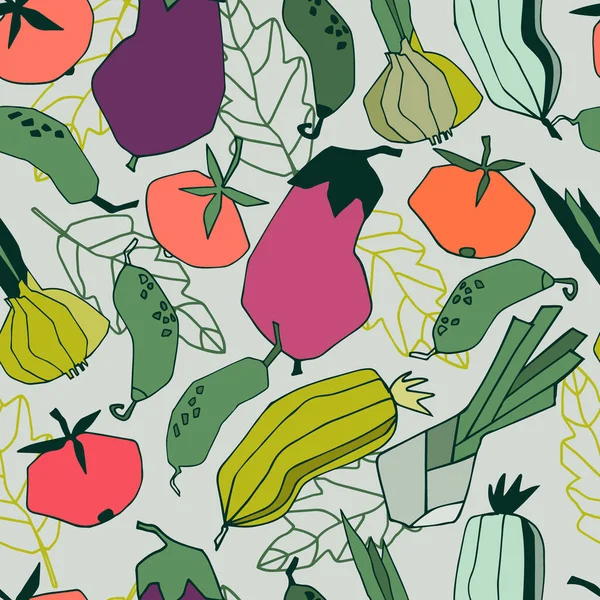 Sebzelerle kusursuz tekrarlanan bir düzen. Açık renkli arkaplanda soyut moda çizimleri — Stok Vektör