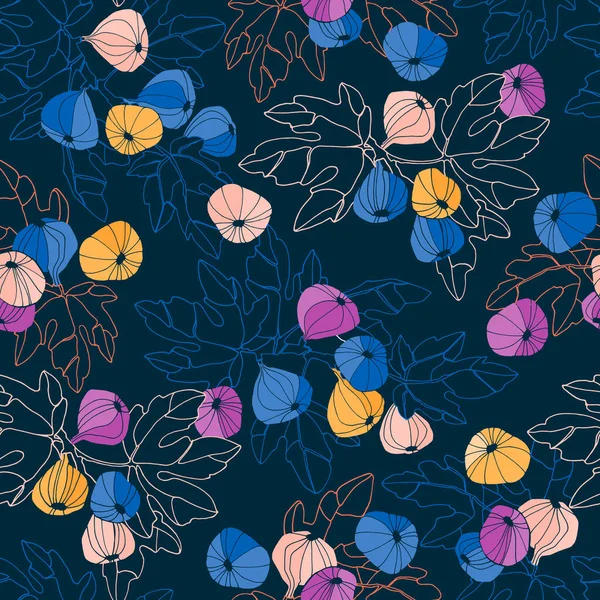 Nahtloses Muster. Feigenbaumzweige mit Früchten. Farbige Vektorillustrationen auf dunkelblauem Hintergrund — Stockvektor