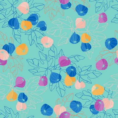 Kusursuz desen. Meyveli incir ağacı dalları. Mavi arkaplanda Colofull vektör çizimleri