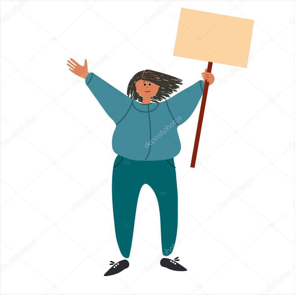 Female protester holding a placard. Vector illustration in flat style